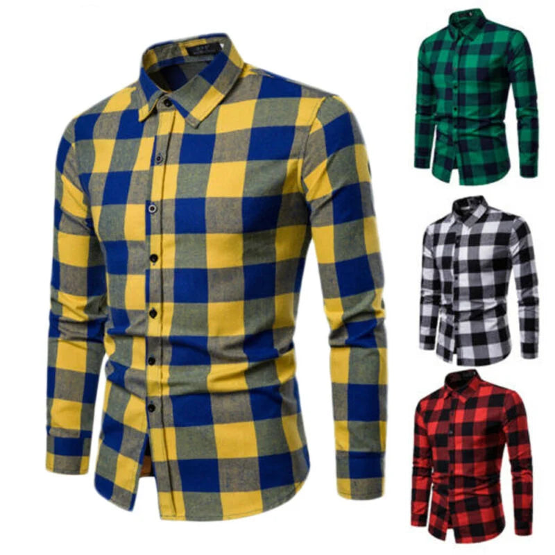 Men's Plaid Long Sleeve Shirts Business Dress Shirt Tops Slim Fit Formal Shirts