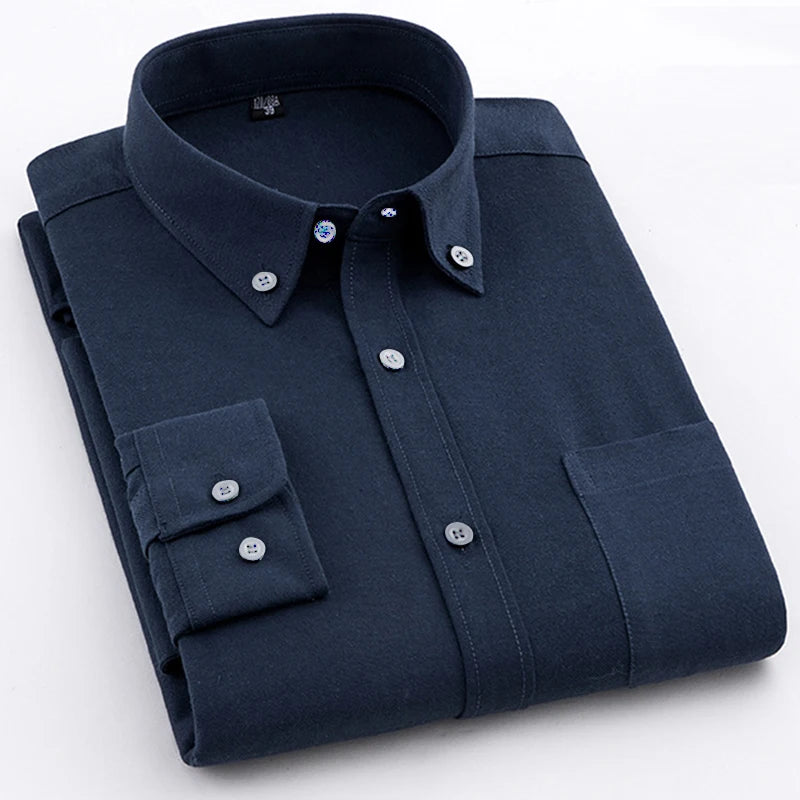 2023 Spring and Autumn Men's Shirt Oxford Cotton Fabric Shirt Long Sleeve Solid Color Polo Neck Shirt Business Casual Fit Top