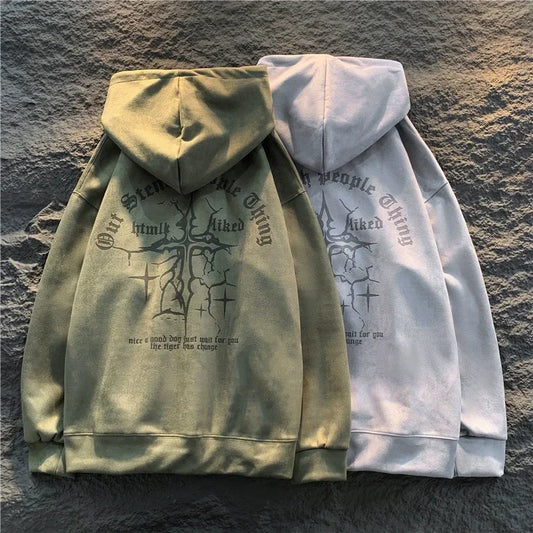 Vintage Gothic Hooded Sweatshirt For Men Graphic Print Suede Hoodies Harajuku Couple Clothing Oversized Unisex Sweatshirts