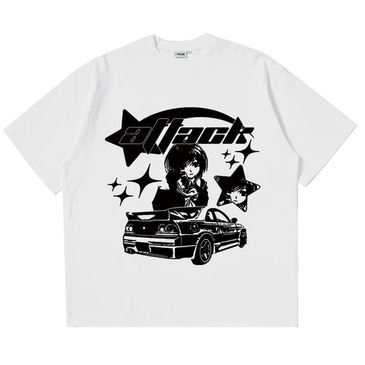 Oversized T-Shirt Y2k Tops Cotton Print Car Summer Harajuku Streetwear Graphic Short Sleeve Tee Vintage Aesthetic Clothing